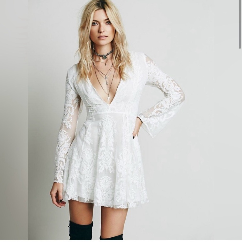 Free People White Plunge Long Sleeve Mini Dress